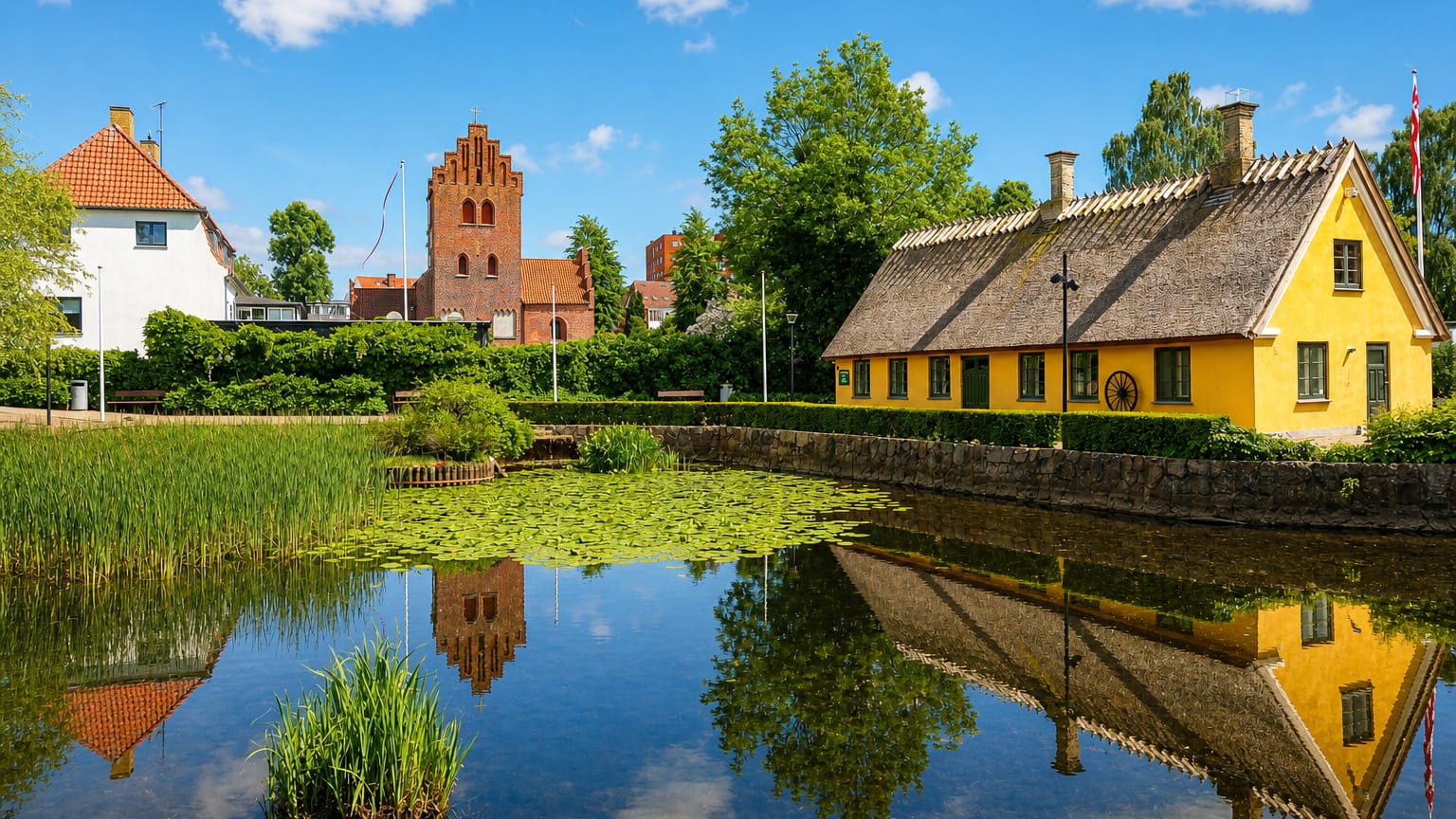 Yellow thatched cottage and red-brick stepped-gable church reflected in a pond in Herlev, Denmark