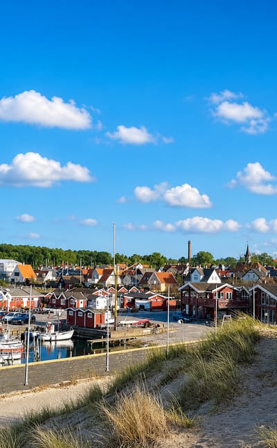 Hornbæk harbour with moored sailboats, red fishing sheds and the town skyline behind grassy dunes.