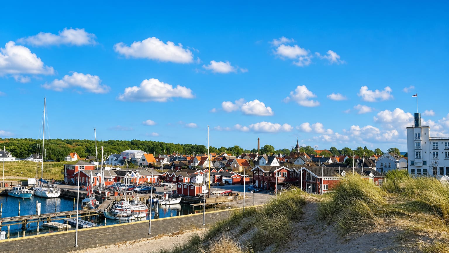 Hornbæk harbour with moored sailboats, red fishing sheds and the town skyline behind grassy dunes.