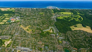High aerial of Hørsholm's green suburban streets reaching a marina on the Øresund coast
