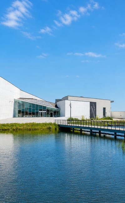 Ishøj's white Arken museum building with an equestrian sculpture and footbridge over a reed-fringed lake.