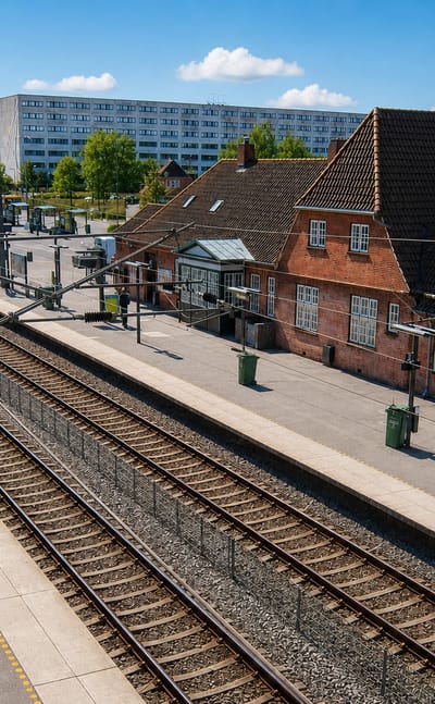Railway station with tracks, a brick station building and housing blocks in Kokkedal, Denmark