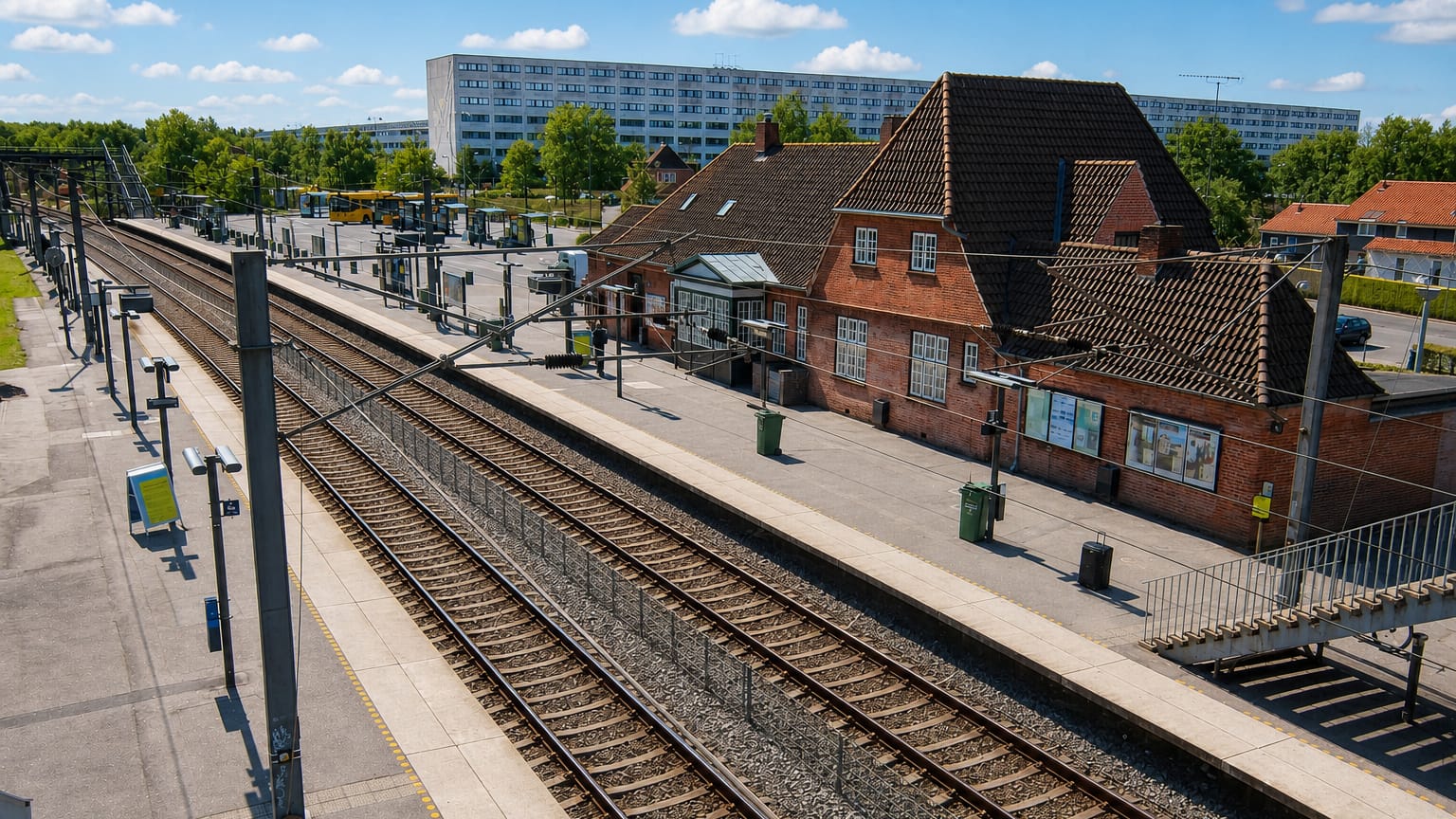 Railway station with tracks, a brick station building and housing blocks in Kokkedal, Denmark