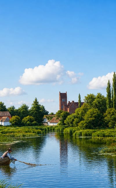 Calm reed-lined river near Kongens Lyngby, Denmark, with a small rowing boat and a brick church tower among trees beyond.