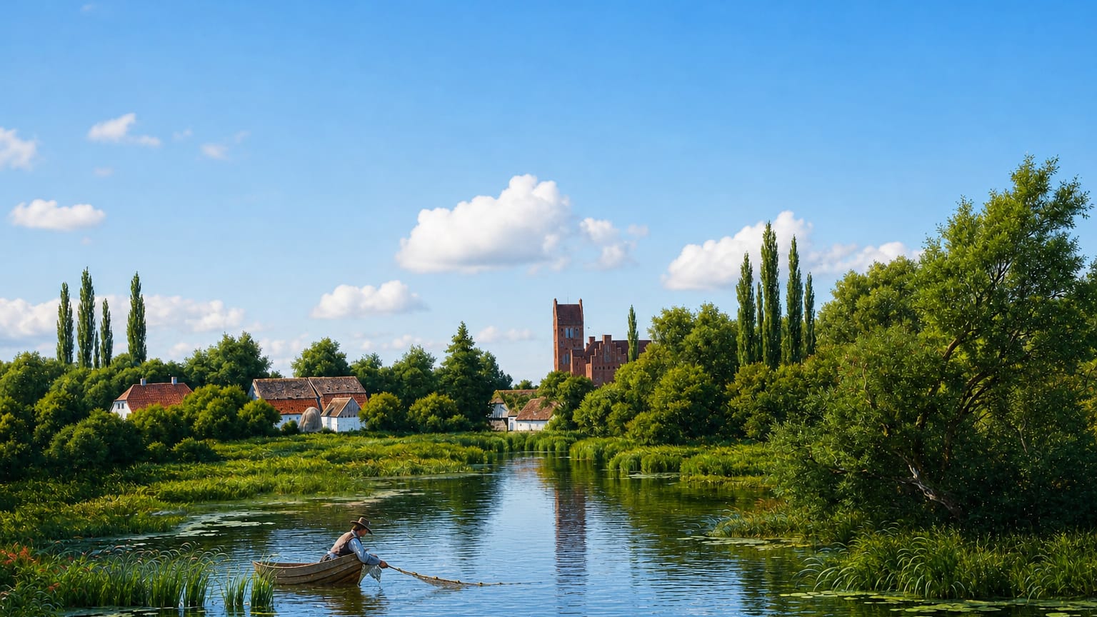 Calm reed-lined river near Kongens Lyngby, Denmark, with a small rowing boat and a brick church tower among trees beyond.