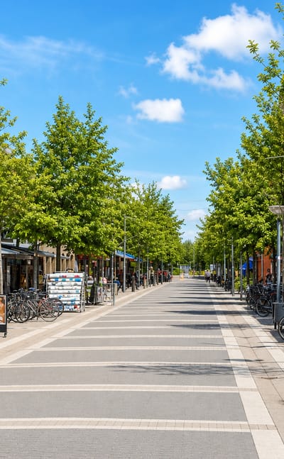 Tree-lined pedestrian shopping street with shops and bicycle racks under blue sky in Lillerød, Denmark.