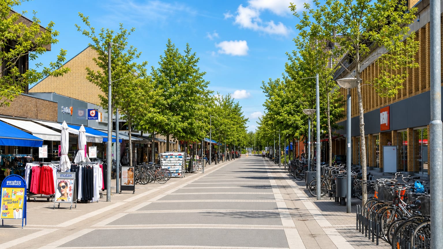 Tree-lined pedestrian shopping street with shops and bicycle racks under blue sky in Lillerød, Denmark.