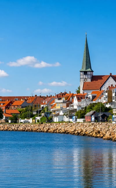 Rønne on Bornholm seen from the water, its green-spired Sankt Nicolai church rising above red-roofed houses and a small harbour lighthouse.