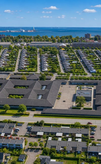 Aerial of suburban housing rows and low blocks in Tarnby, Denmark, with the Oresund coast behind.