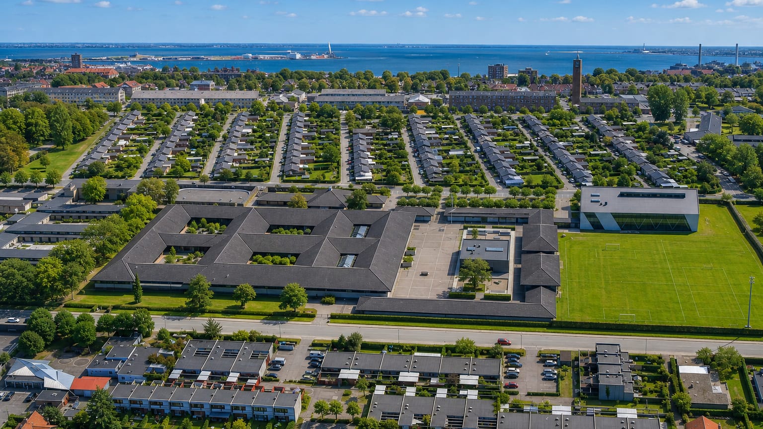 Aerial of suburban housing rows and low blocks in Tarnby, Denmark, with the Oresund coast behind.
