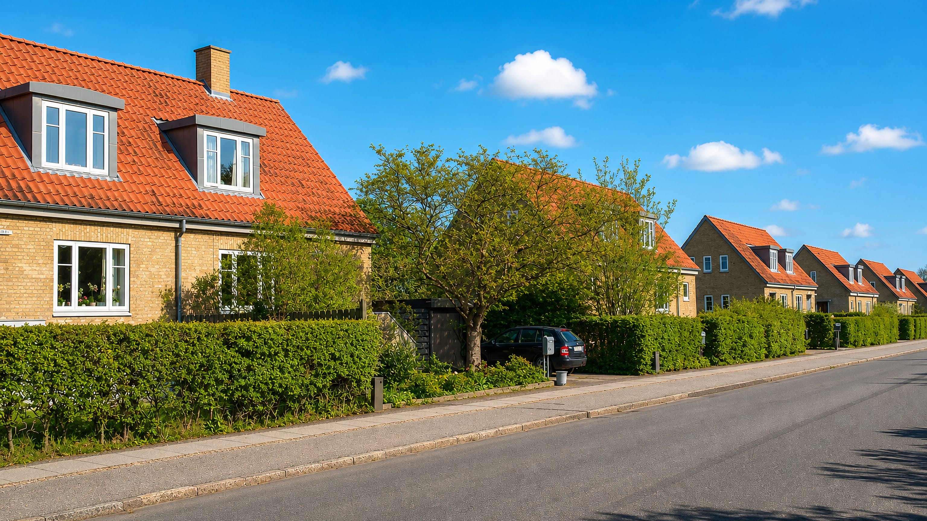 Quiet residential street of yellow-brick, red-tiled houses behind clipped hedges in Aarhus N, Denmark.