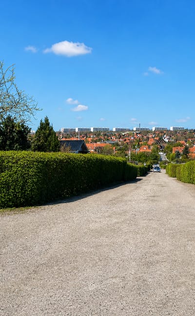 Gravel path between trimmed hedges opening onto Åbyhøj's red-roofed houses and distant apartment blocks under a blue sky