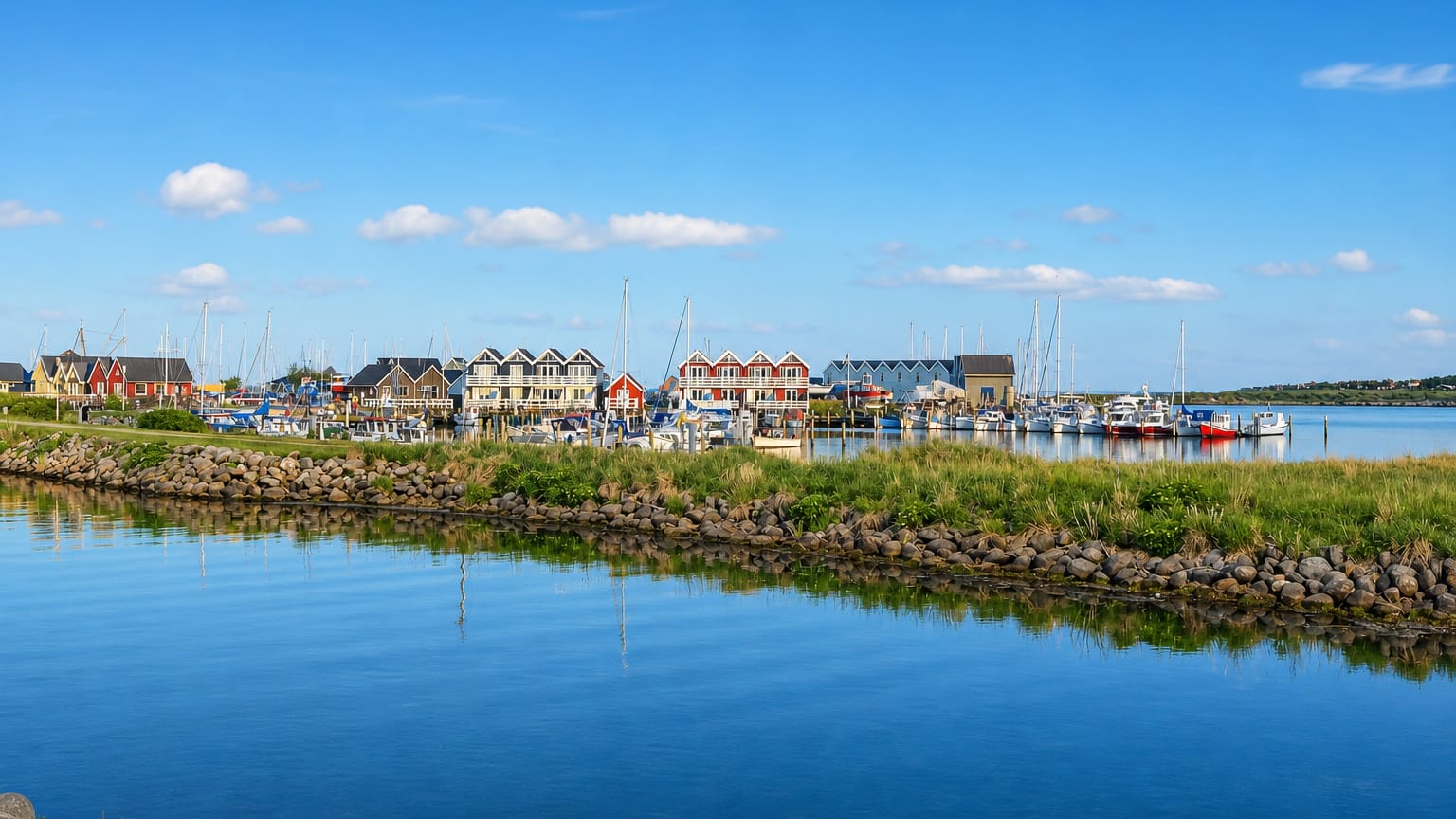 Grenaa harbour on a sunny day, with colourful gabled townhouses, a yacht marina and a rocky breakwater reflected in calm blue water.