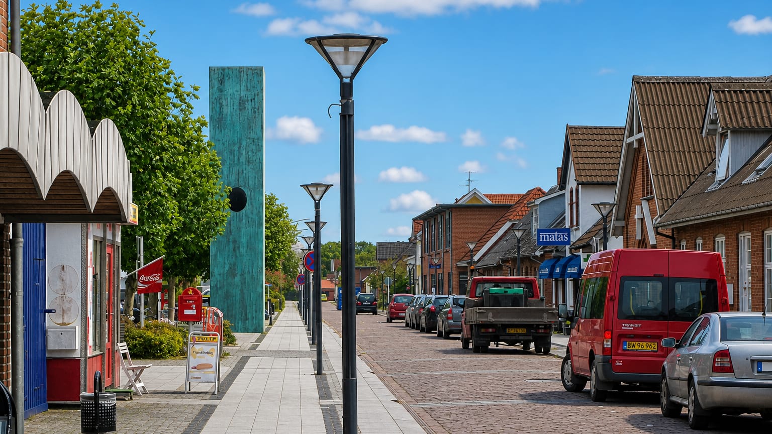 Danish high street with shops, a tall patinated sculpture and parked cars on a paved road in Hinnerup.