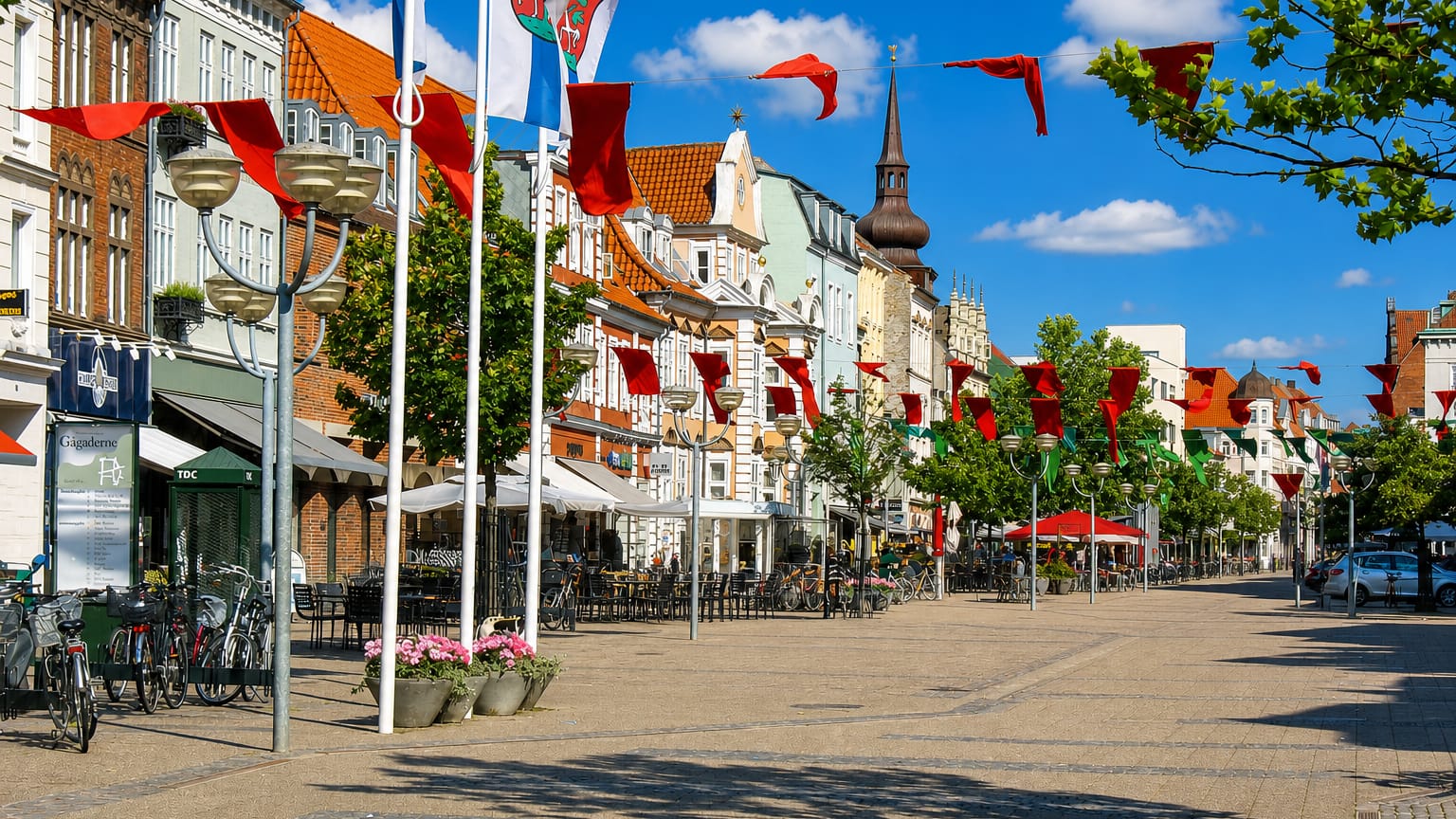 Flag-lined pedestrian shopping street with cafes and a church spire in Horsens, Denmark.