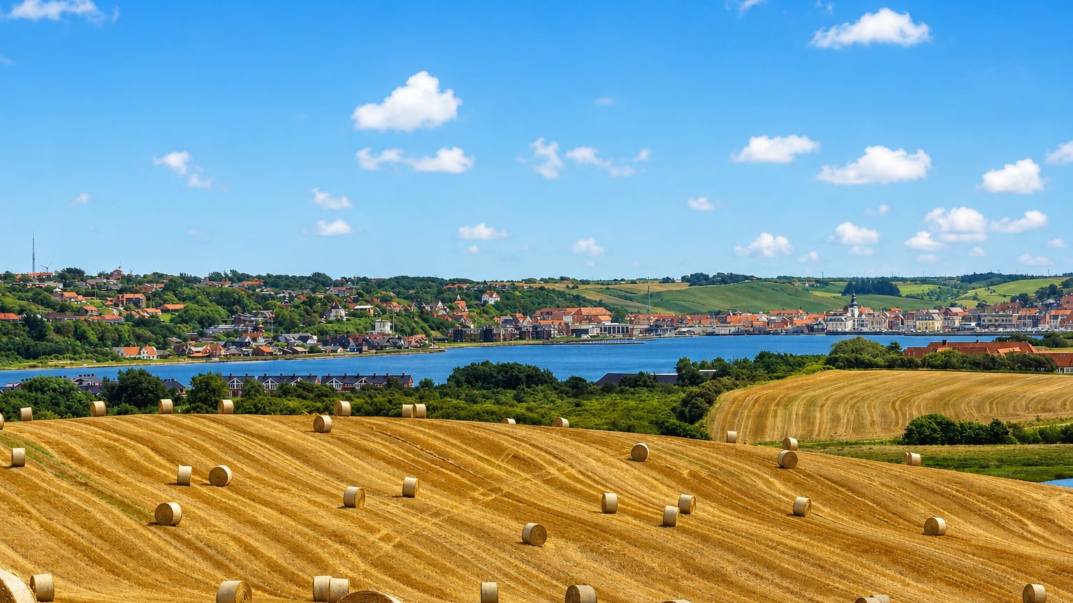 The Danish town of Lemvig along its bay, seen across rolling fields dotted with round hay bales.