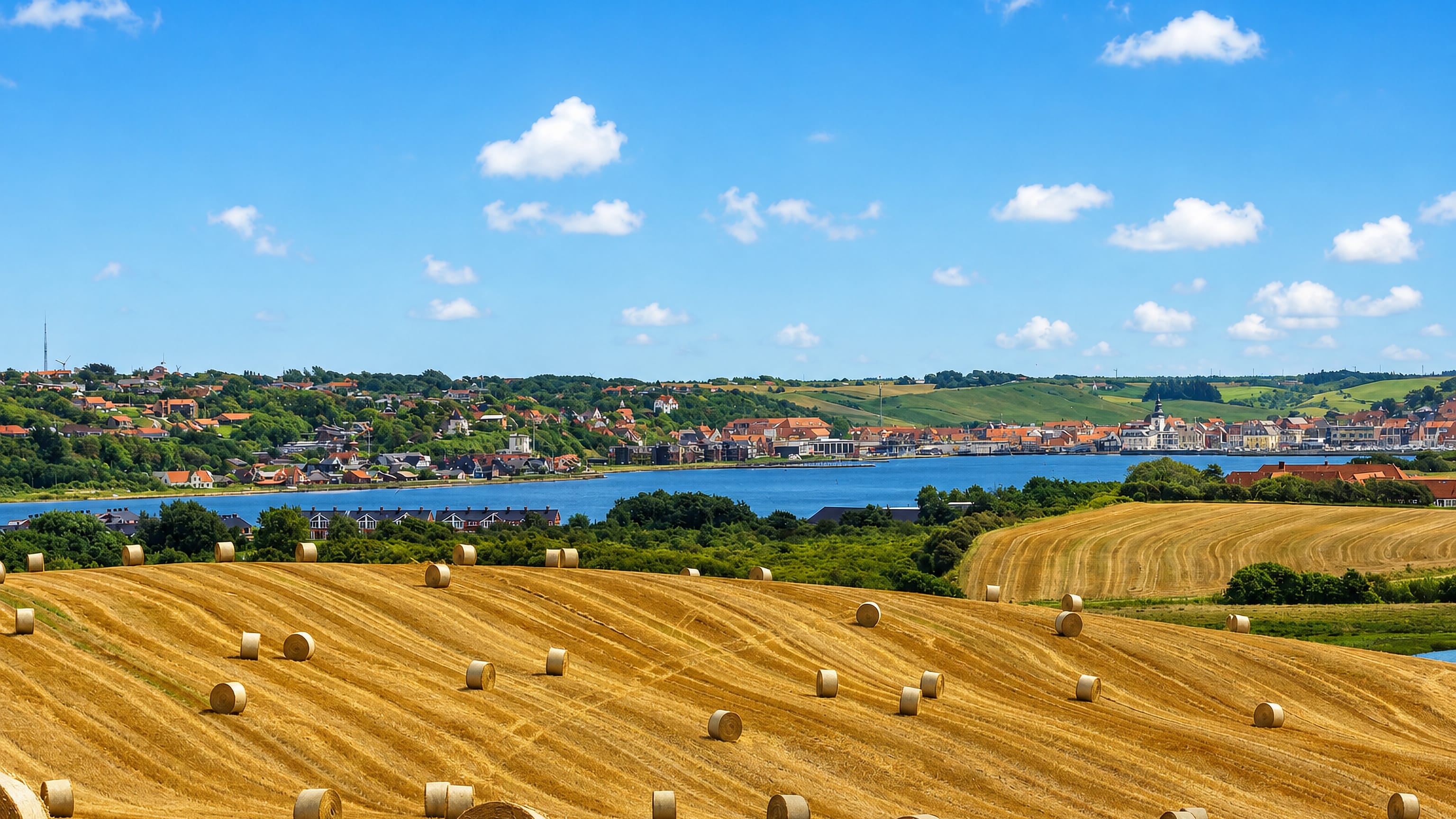 The Danish town of Lemvig along its bay, seen across rolling fields dotted with round hay bales.