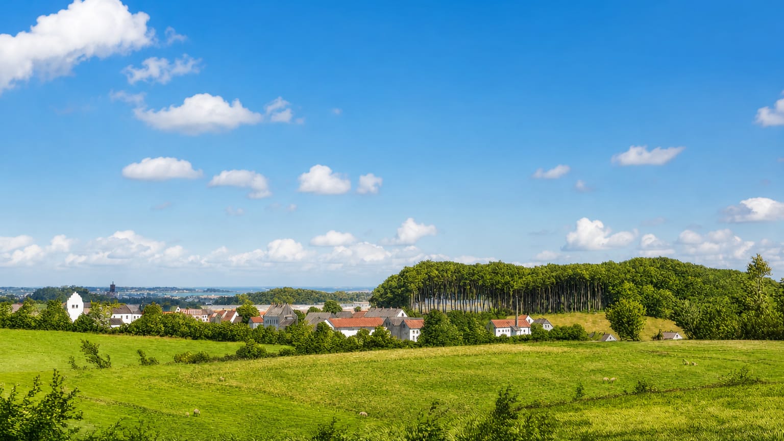 Rolling green farmland and woodland around the small Danish town of Odder, with white red-roofed houses under a blue sky.