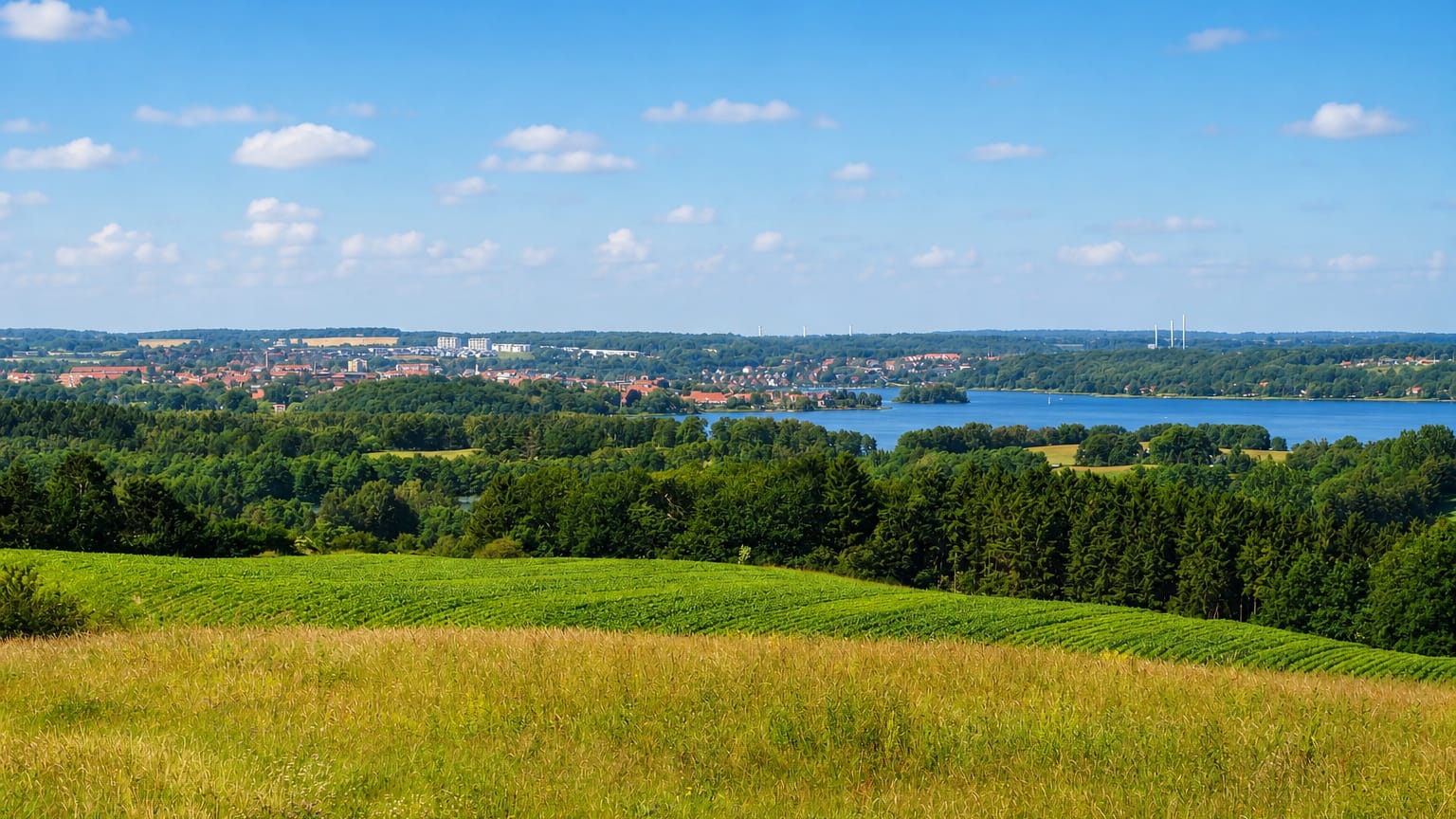 Distant view of Skanderborg, Denmark, beside its lake, seen across rolling green farm fields and woodland under a bright sky.