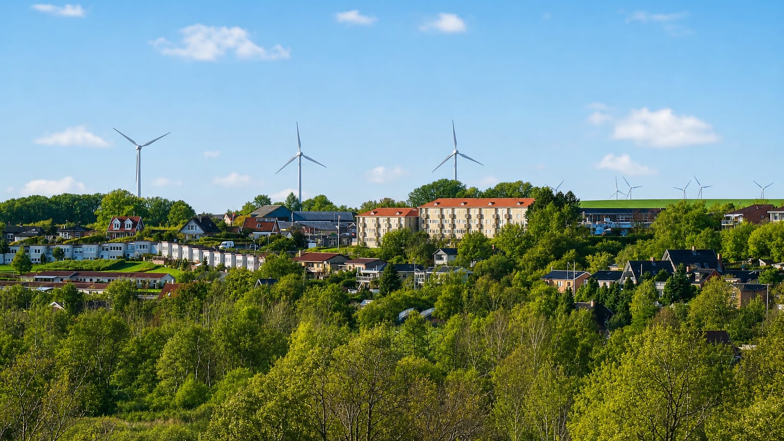 Hillside houses with red-tiled roofs and an apartment block at Skive, Denmark, with wind turbines on the horizon.