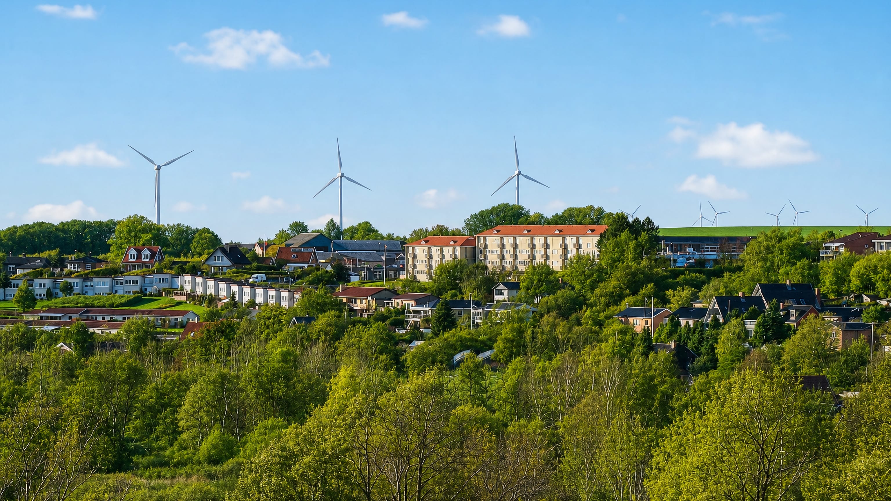 Hillside houses with red-tiled roofs and an apartment block at Skive, Denmark, with wind turbines on the horizon.