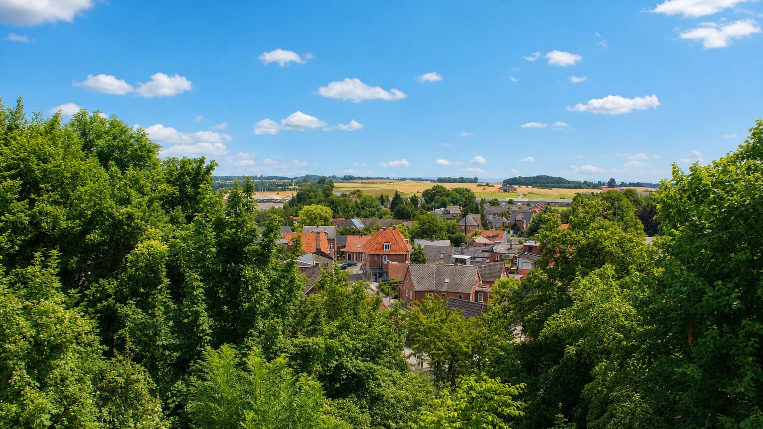 Tranebjerg, Denmark, village rooftops seen over treetops with flat farmland stretching to the horizon on Samsø.