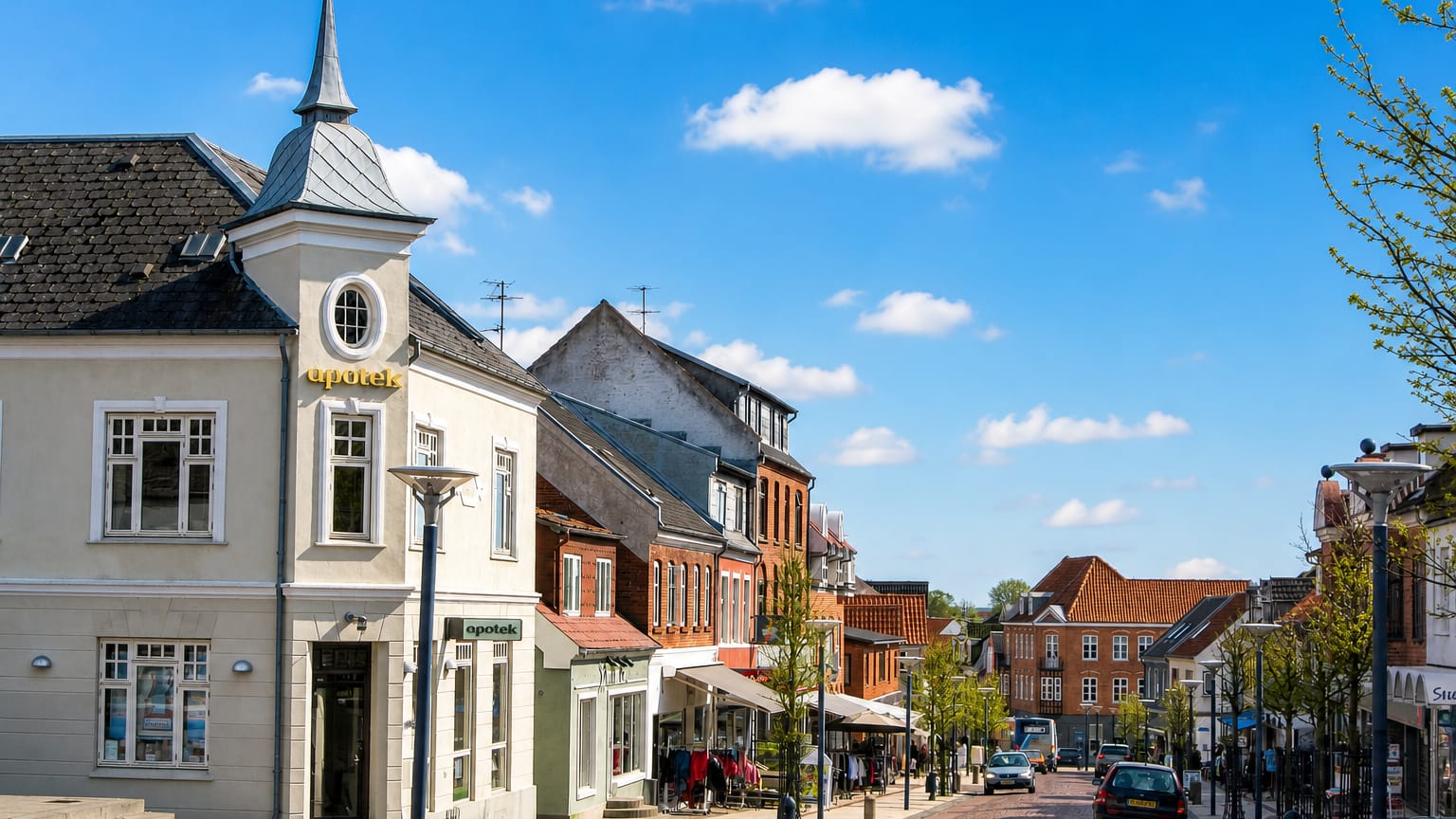 Town-centre street with a white spired pharmacy building under a blue sky in Aars, Denmark.