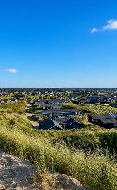 Black-roofed summer houses scattered among grassy dunes above the beach at Blokhus, Denmark.