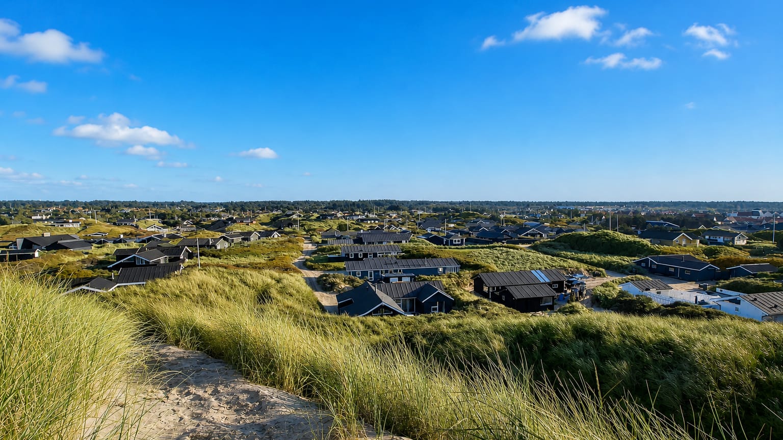 Black-roofed summer houses scattered among grassy dunes above the beach at Blokhus, Denmark.