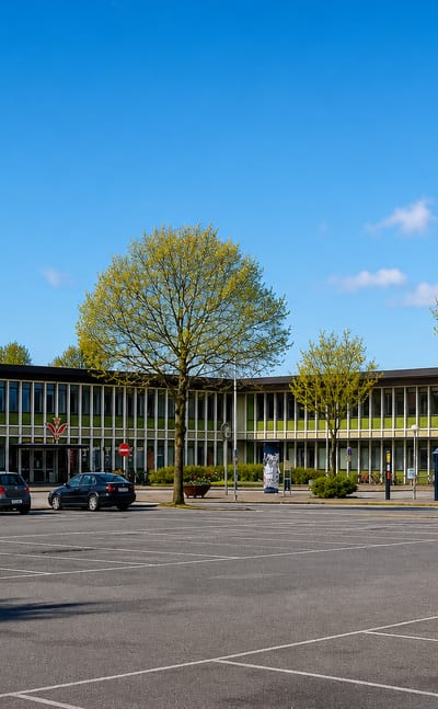Modernist civic building in Brønderslev with a large car park and recycling containers on a sunny day.