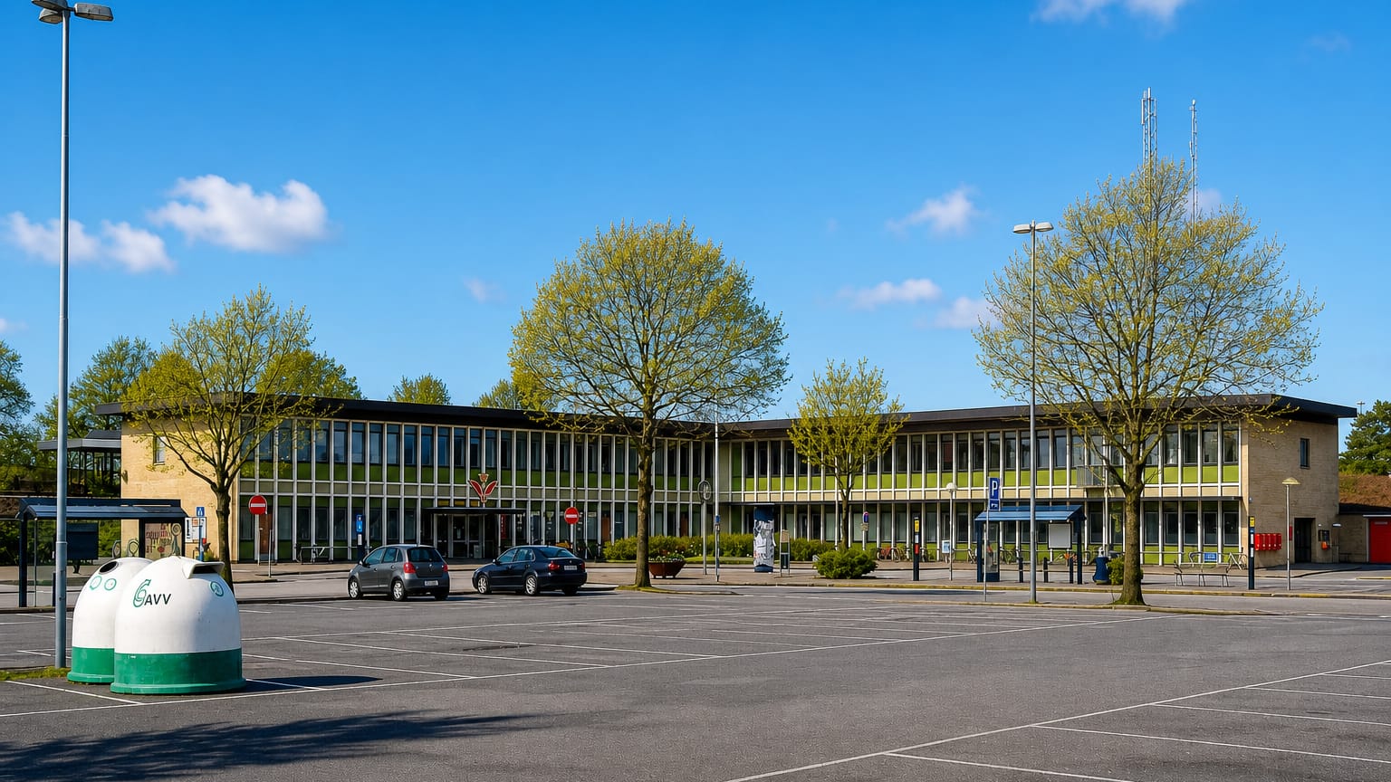 Modernist civic building in Brønderslev with a large car park and recycling containers on a sunny day.