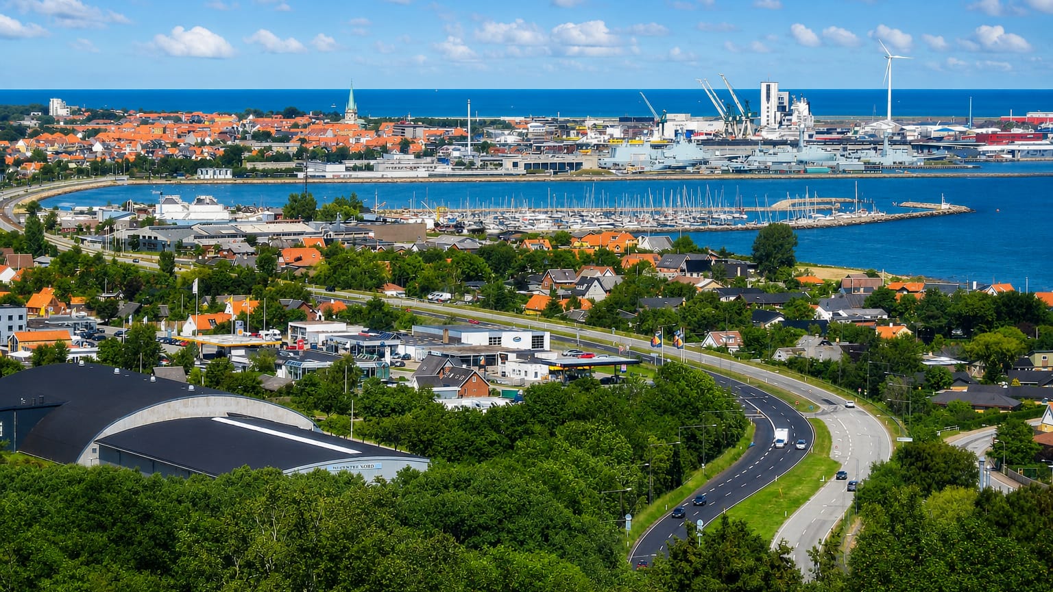 Frederikshavn's harbour and marina with port cranes, a wind turbine and the town spread along the coast