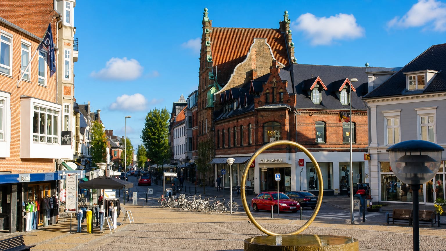 Hjorring's town square with an ornate brick building, a modern gold ring sculpture and shops, Denmark
