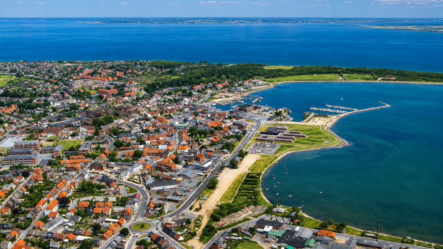 Aerial view of Nykobing Mors on the Limfjord, its red-roofed town and harbour beside a curving sandy shore.