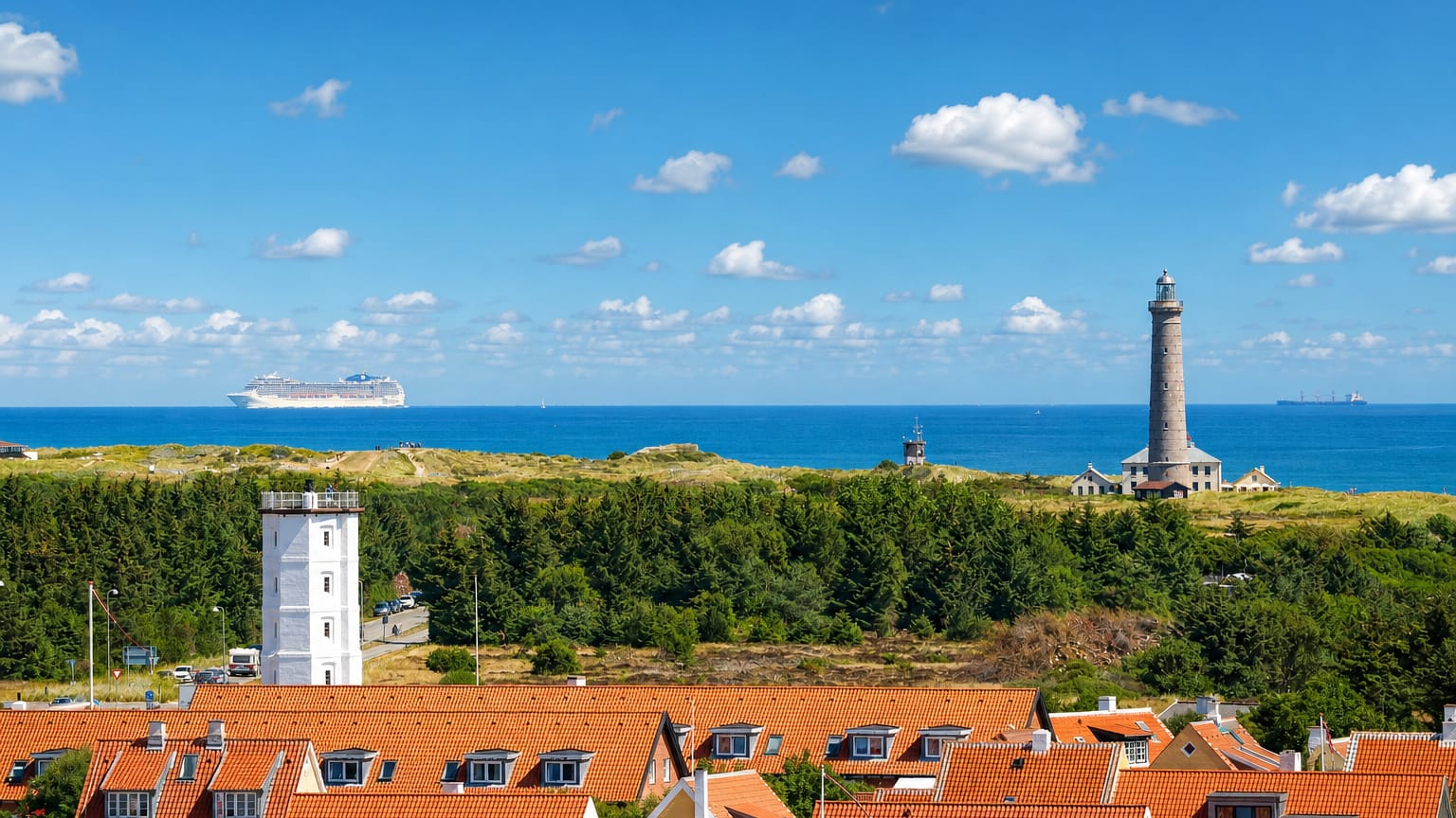 Skagen, Denmark, with its grey and white lighthouses rising over yellow houses and red rooftops by the sea.
