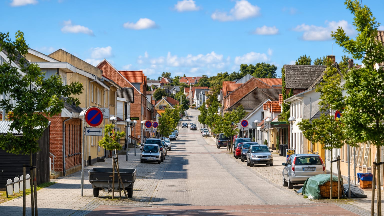 View down the sloping cobbled main street of Stovring, Denmark, lined with brick houses and shops
