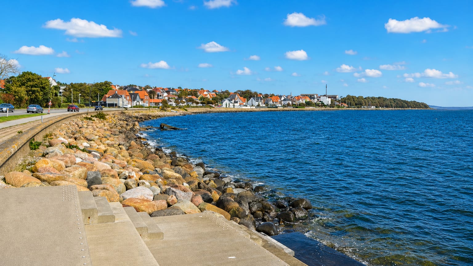 Thisted, Denmark, along its rocky fjord-side promenade, with red-roofed houses lining the distant shore under a blue sky.