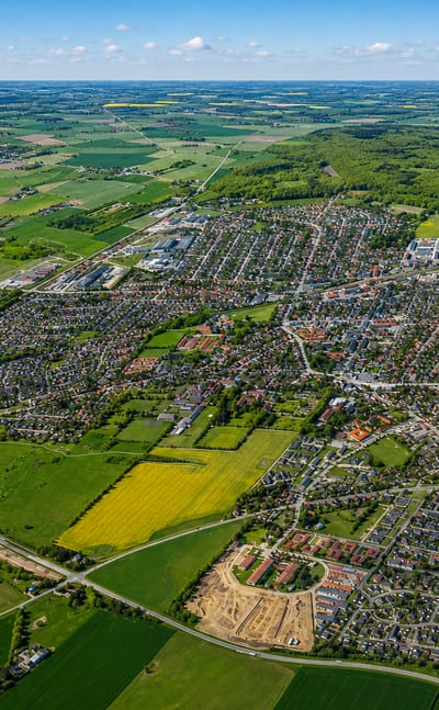Aerial view of Haslev surrounded by green fields, yellow rapeseed and woodland on the Danish island of Zealand.