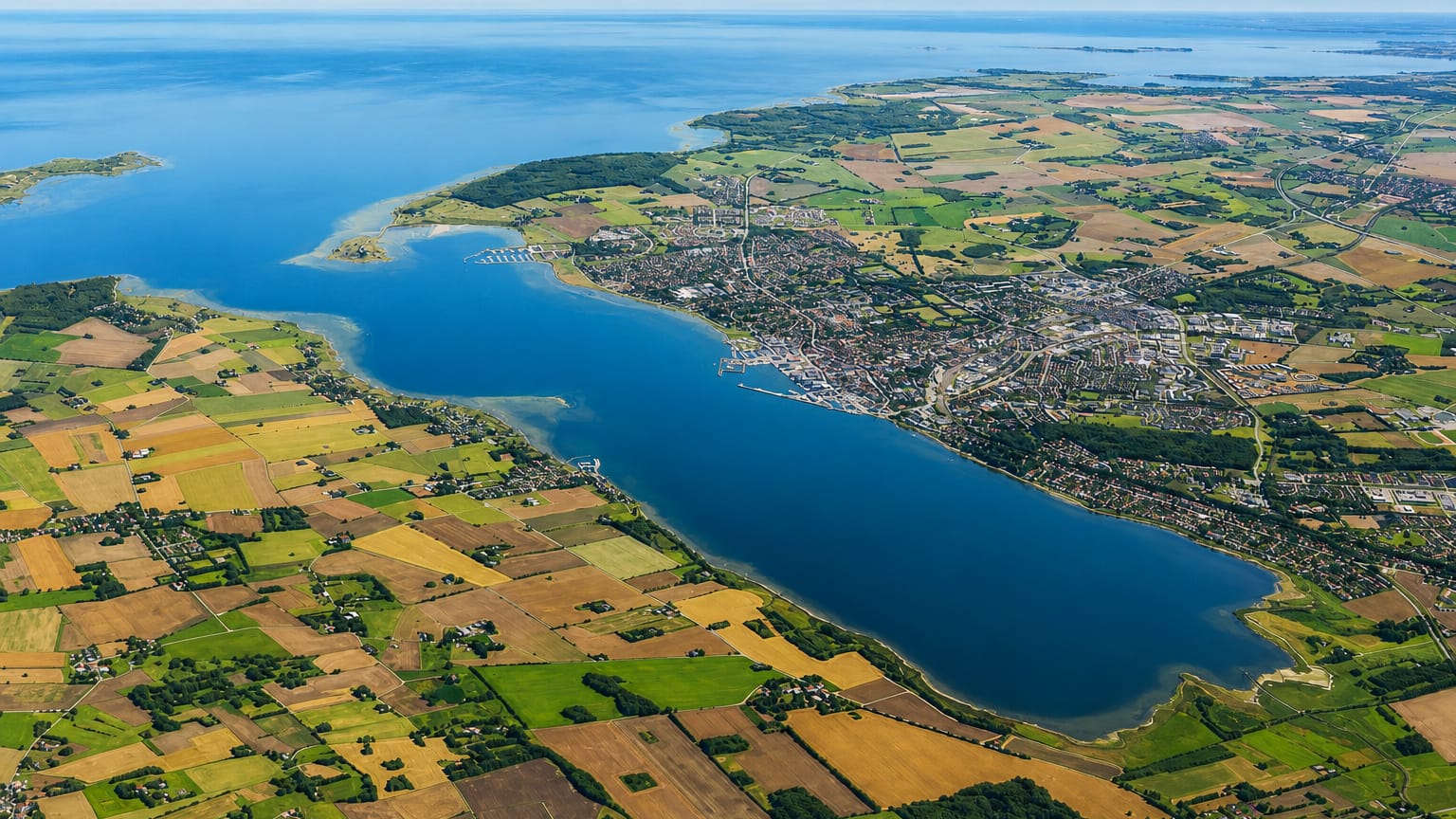 High aerial of Holbæk at the head of its fjord, surrounded by patchwork farmland and open sea