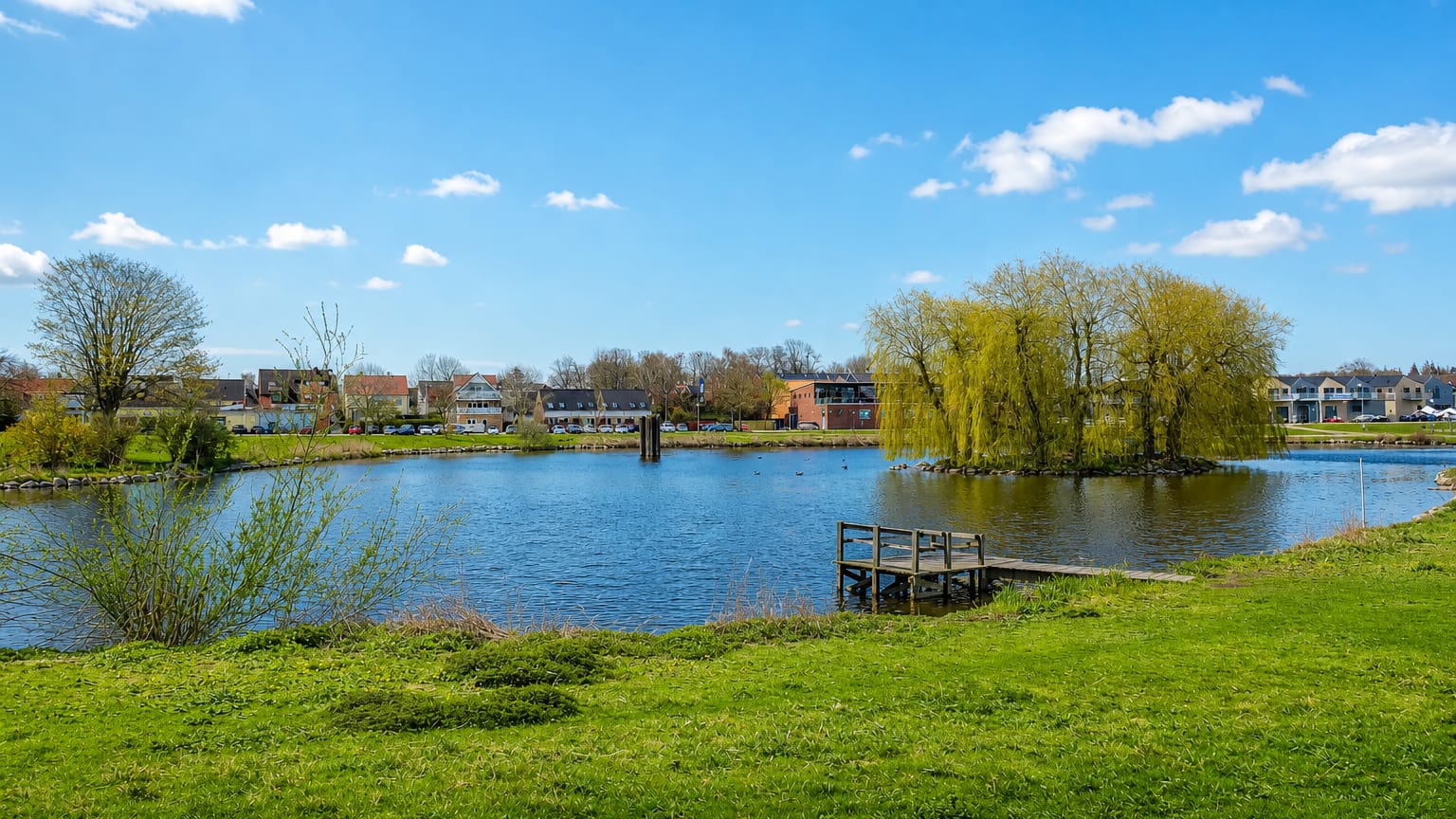 Lakeside view of Kirke Hvalsø, Denmark, with a small wooden jetty, grassy bank, and houses among trees across the water.