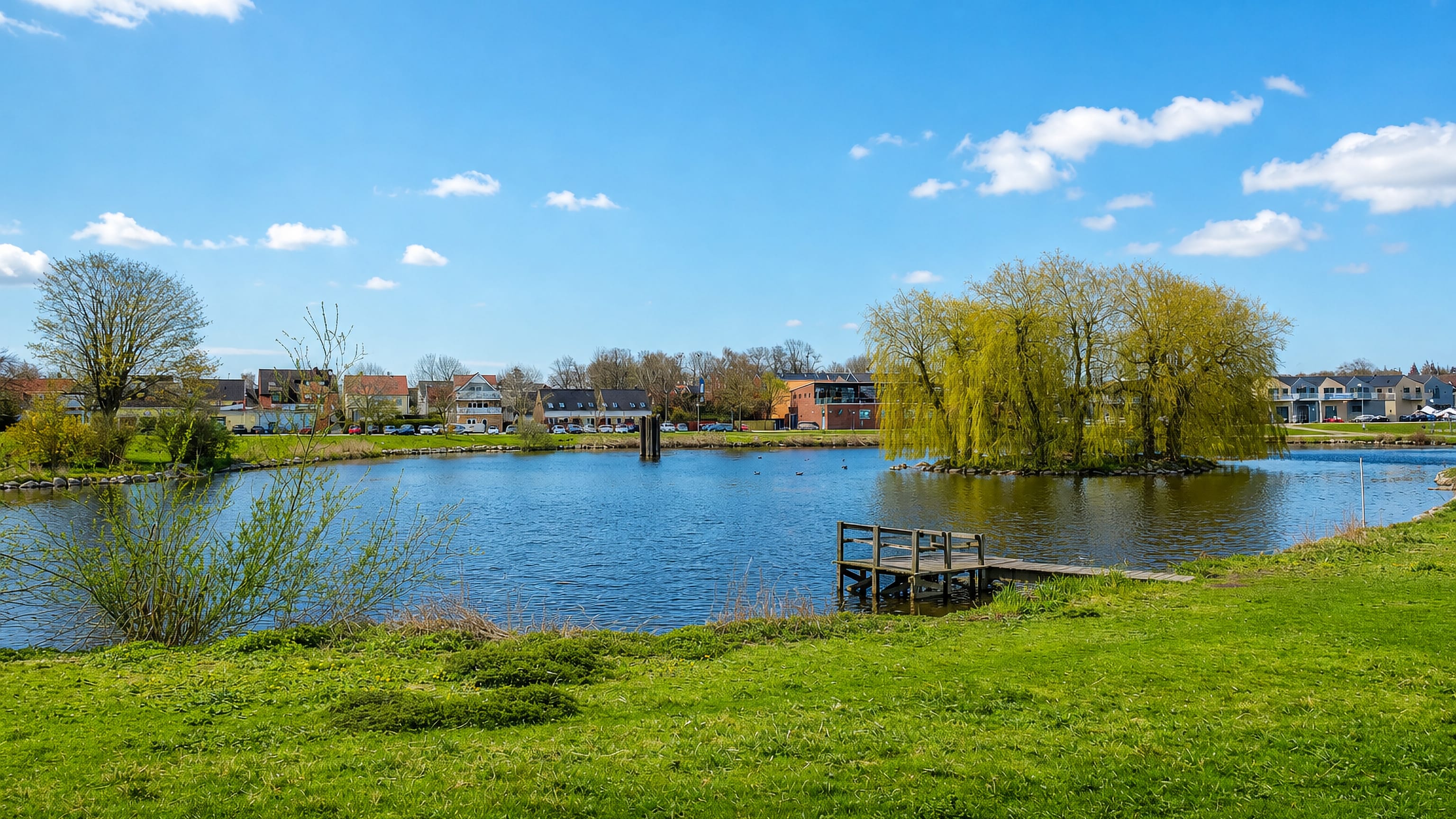 Lakeside view of Kirke Hvalsø, Denmark, with a small wooden jetty, grassy bank, and houses among trees across the water.