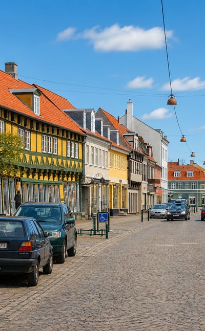 Cobbled old-town street in Koge lined with colorful half-timbered houses under a blue sky