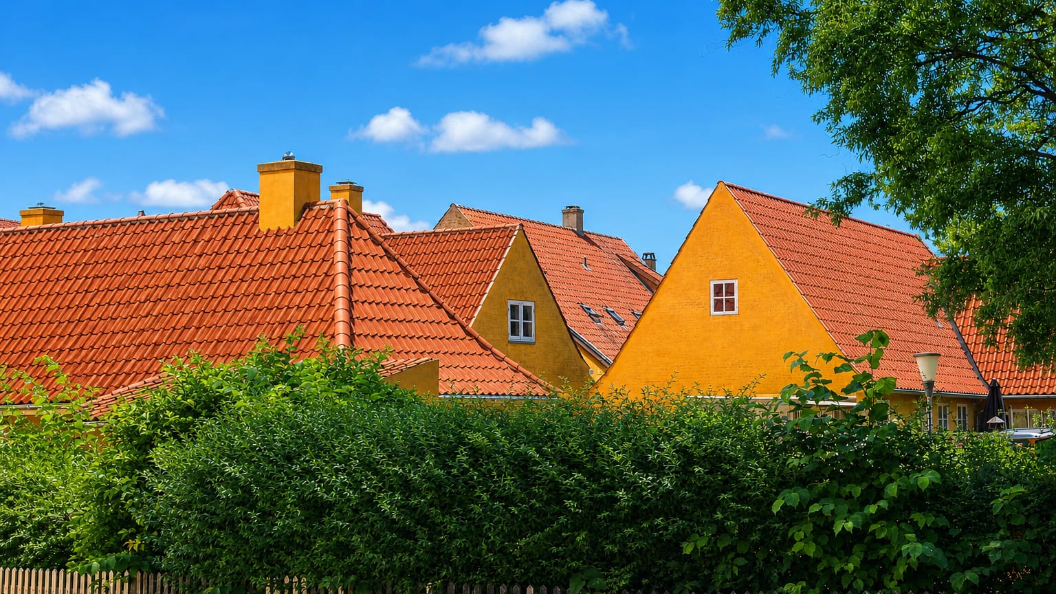 Red-tiled roofs of yellow gabled houses rising above a hedge and picket fence in Maribo, Denmark.