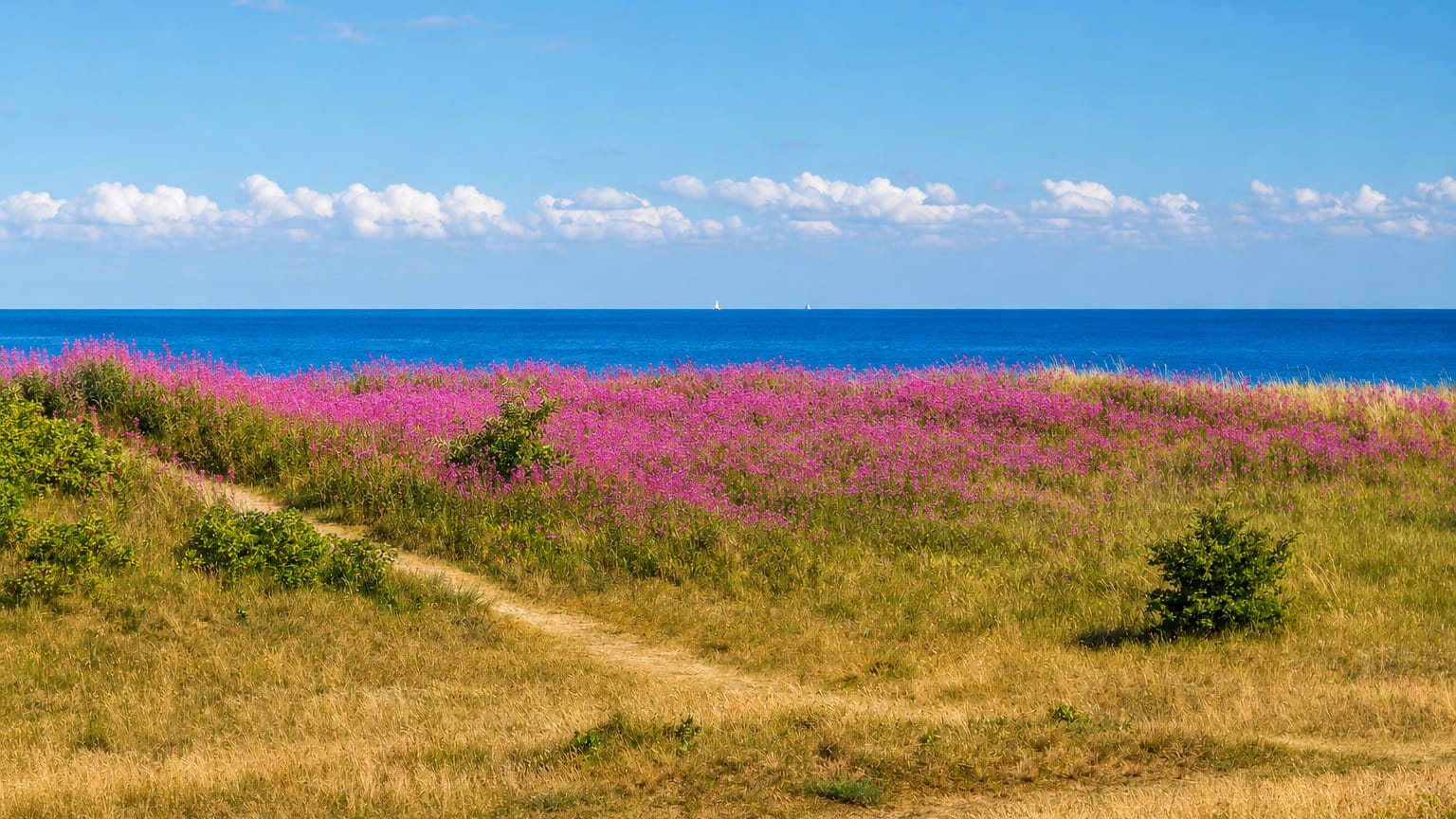 Pink wildflower meadow and grassy path leading to the Baltic Sea at Marielyst, Denmark, with distant sailboats