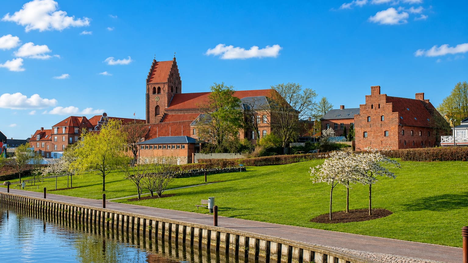 Næstved's red-brick medieval church and old town beside a grassy canal-side promenade in spring