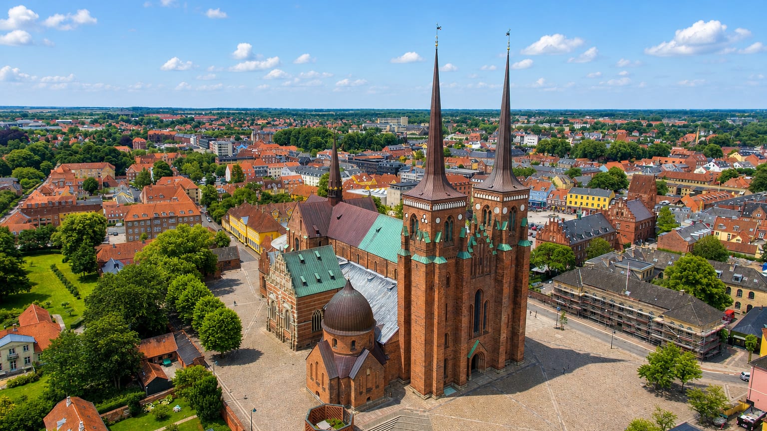 Roskilde's twin-spired red-brick Roskilde Cathedral rising over the surrounding old town under blue sky