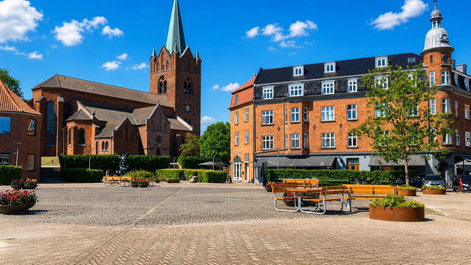 Sankt Mikkels Kirke and its tall spire rising over the red-brick town square in Slagelse, Denmark on a sunny day