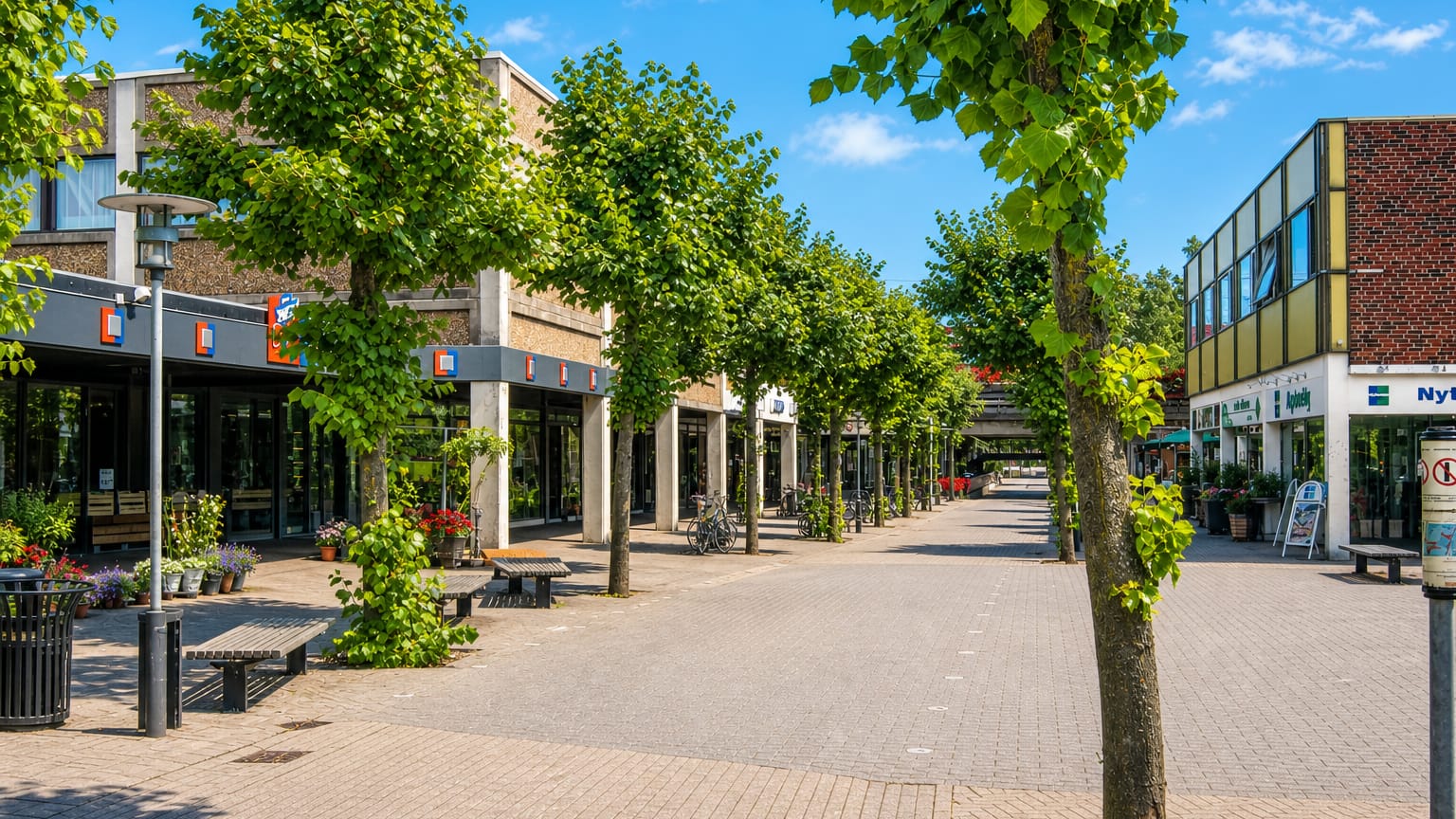 Tree-lined pedestrian shopping plaza with low modern buildings and benches in Solrød, Denmark