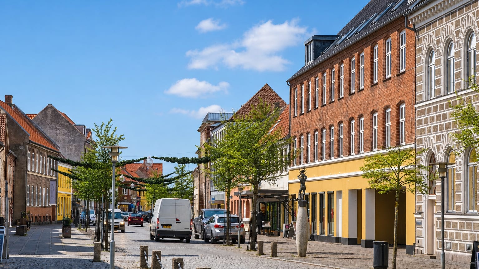 Cobbled old-town street with historic brick and yellow buildings and a bronze statue in Soro, Denmark