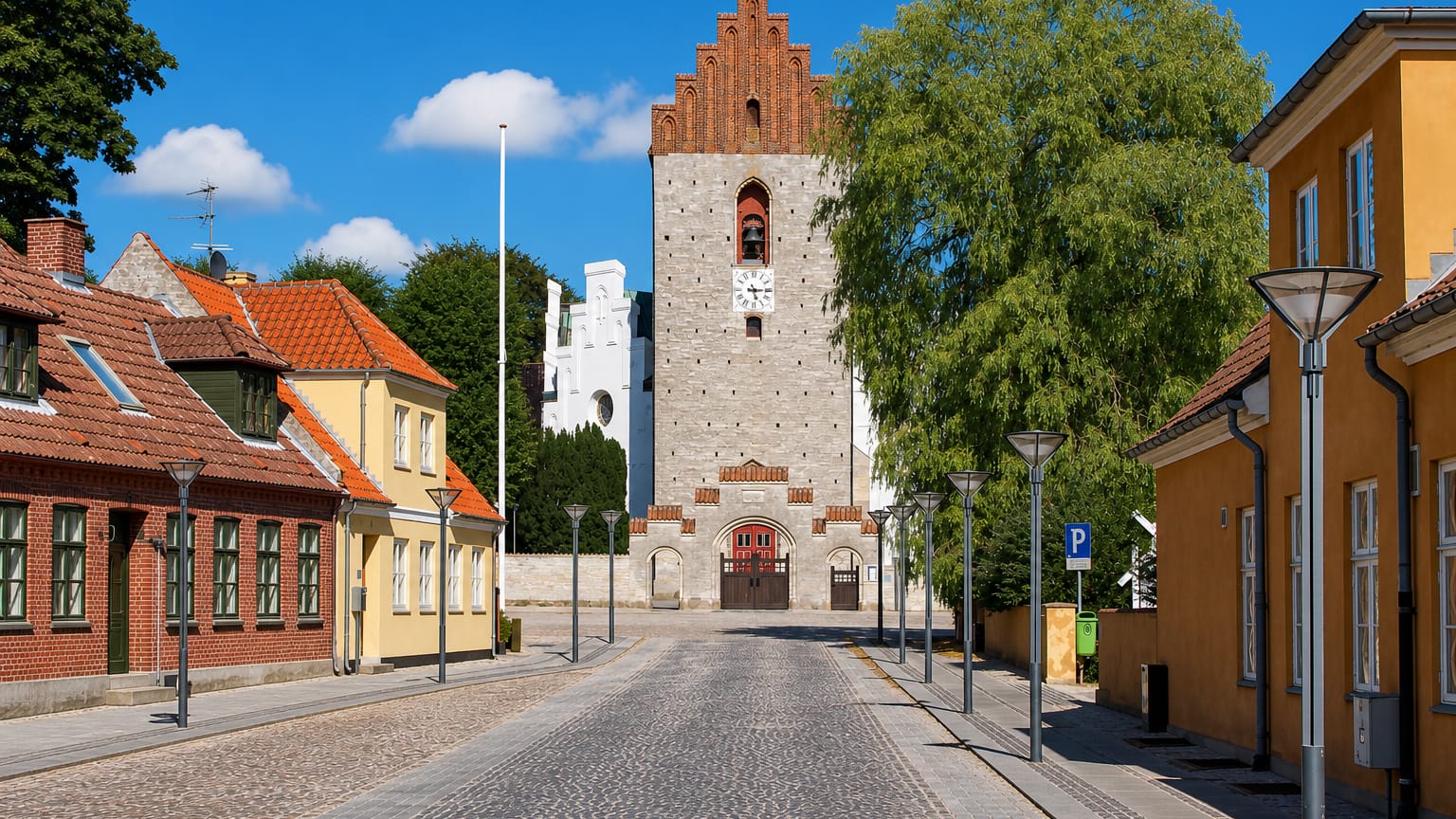 Cobbled street in Store Heddinge, Denmark, leading to the town's distinctive octagonal medieval church tower.